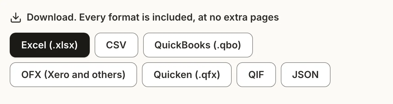 The export row offering Excel, CSV, QBO, OFX, QFX, QIF and JSON