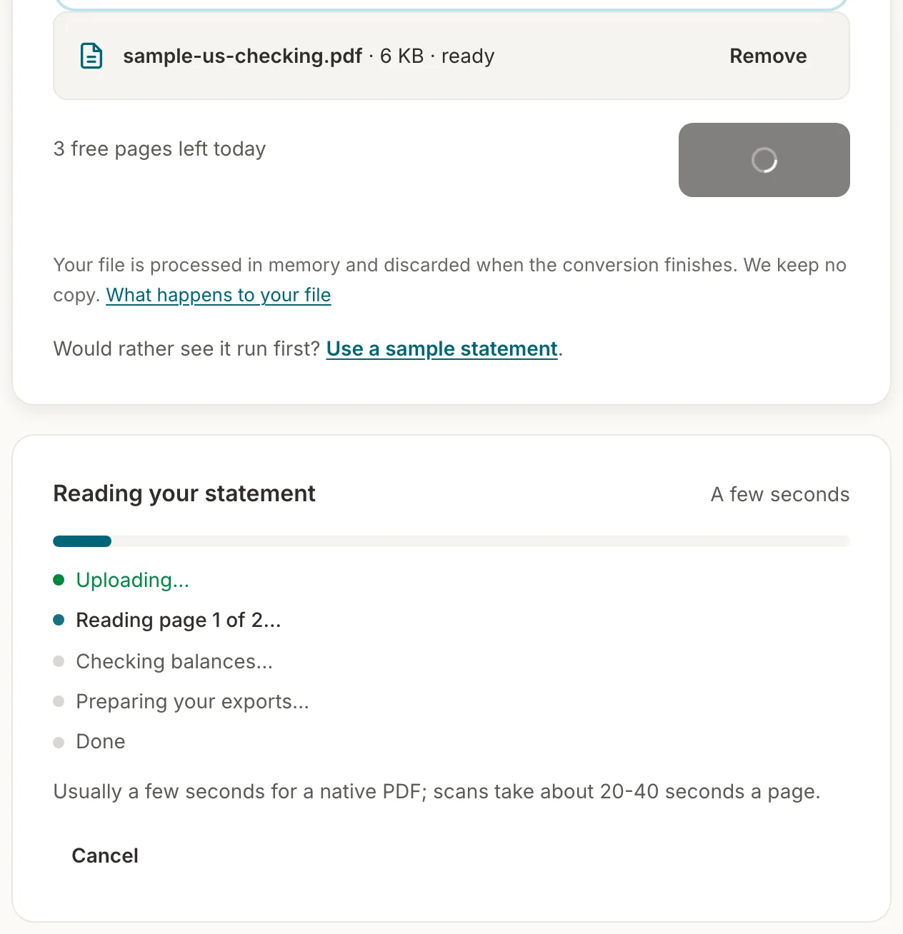 The conversion running, with each page reported as it is read