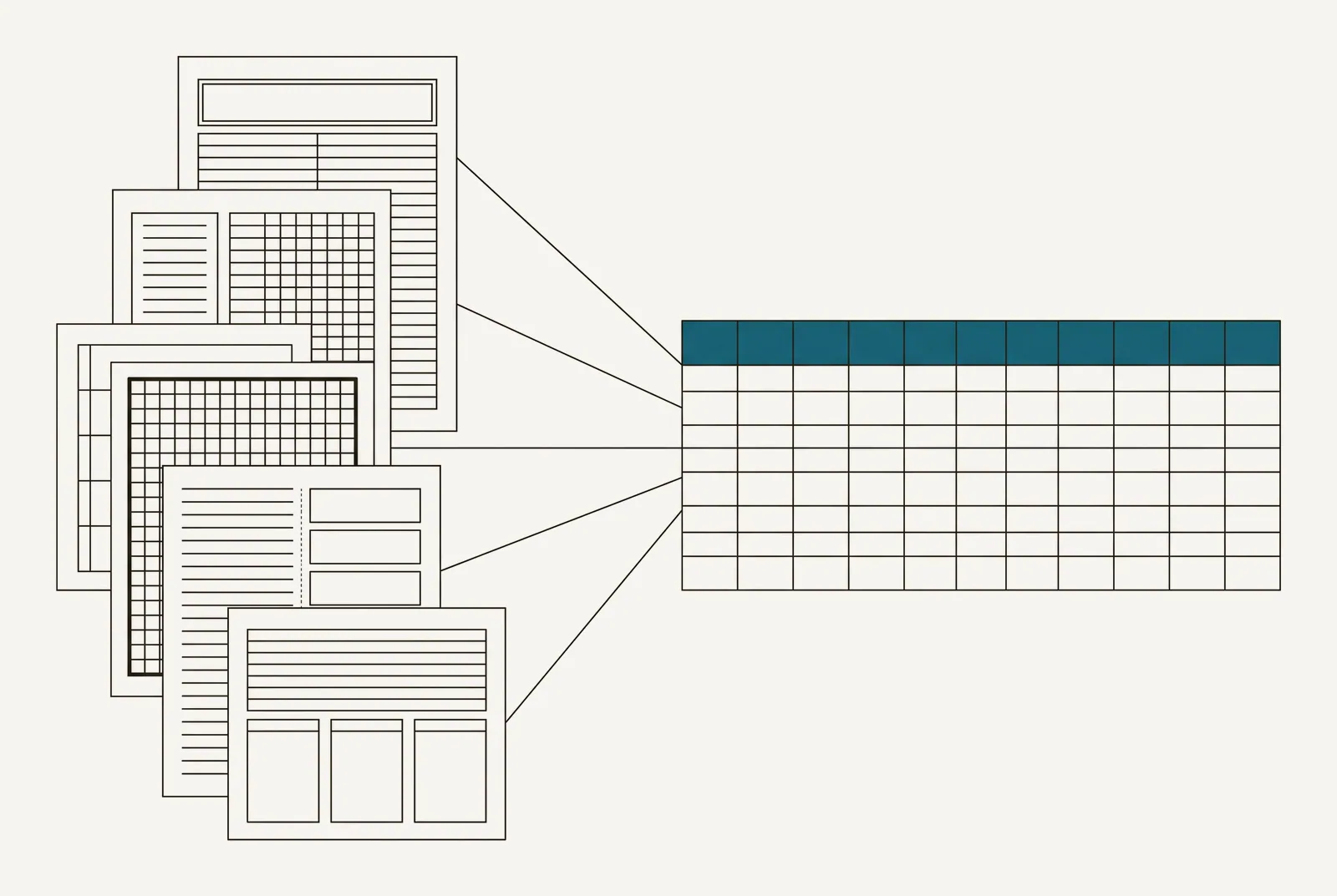 Five statement pages with different internal layouts, each drawn in outline, with lines leading from all of them into a single squared-up table of cells