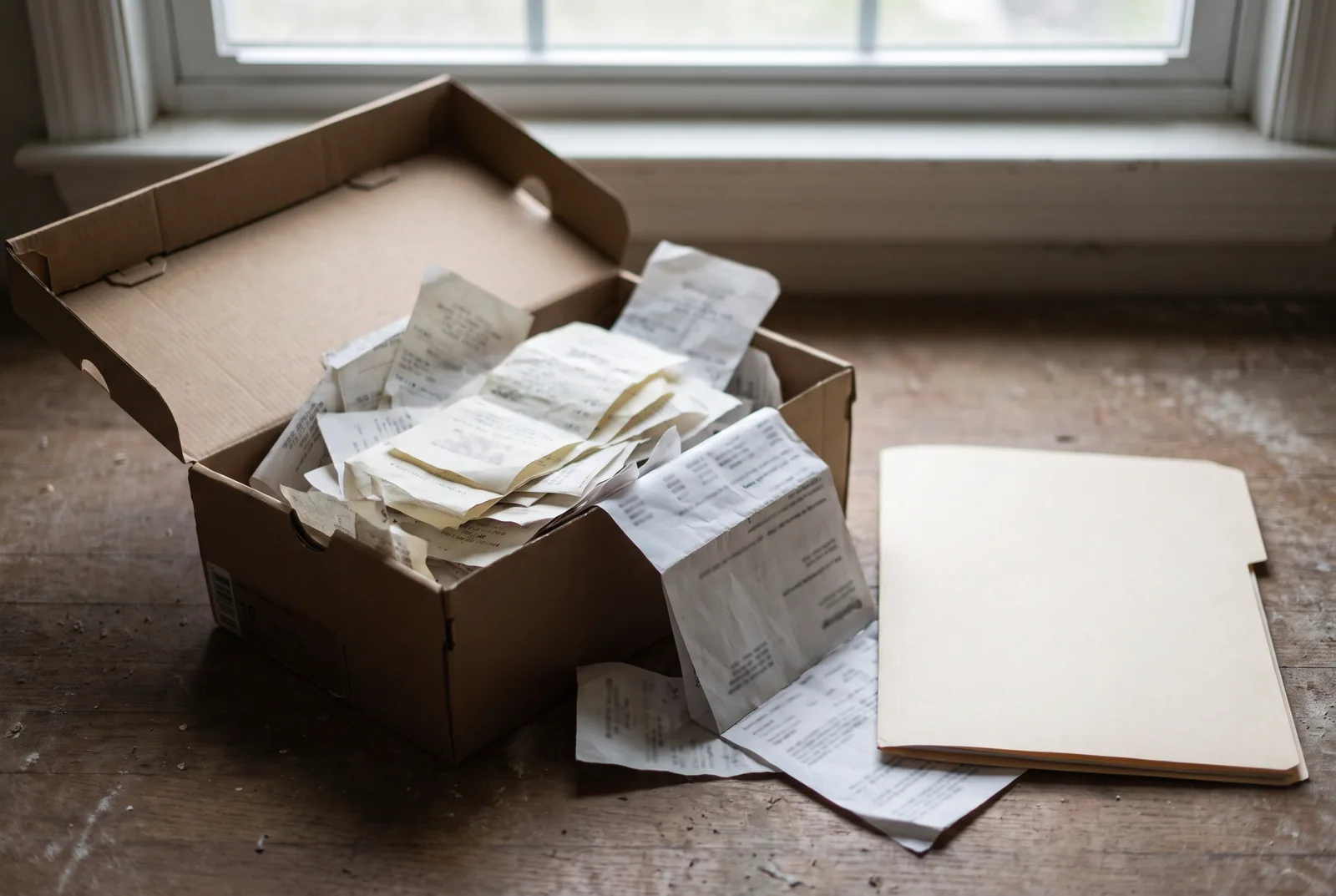An open cardboard box on a floor, filled with loose receipts and folded statement pages, a closed manila folder resting beside it