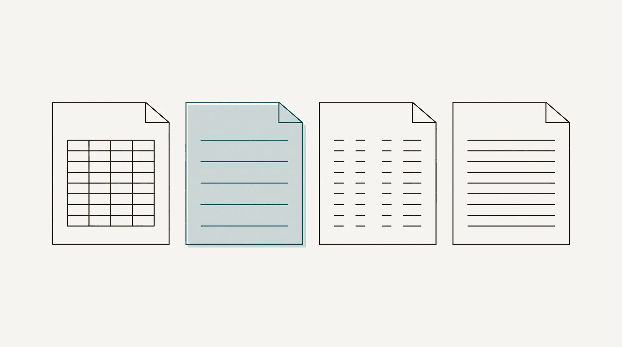 Four identical file cards side by side with different rulings inside, one picked out in petrol