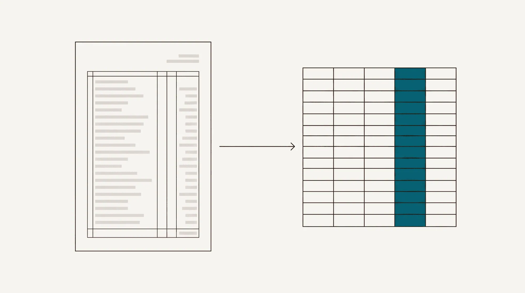 A paper bank statement beside a clean spreadsheet grid with one column picked out in petrol