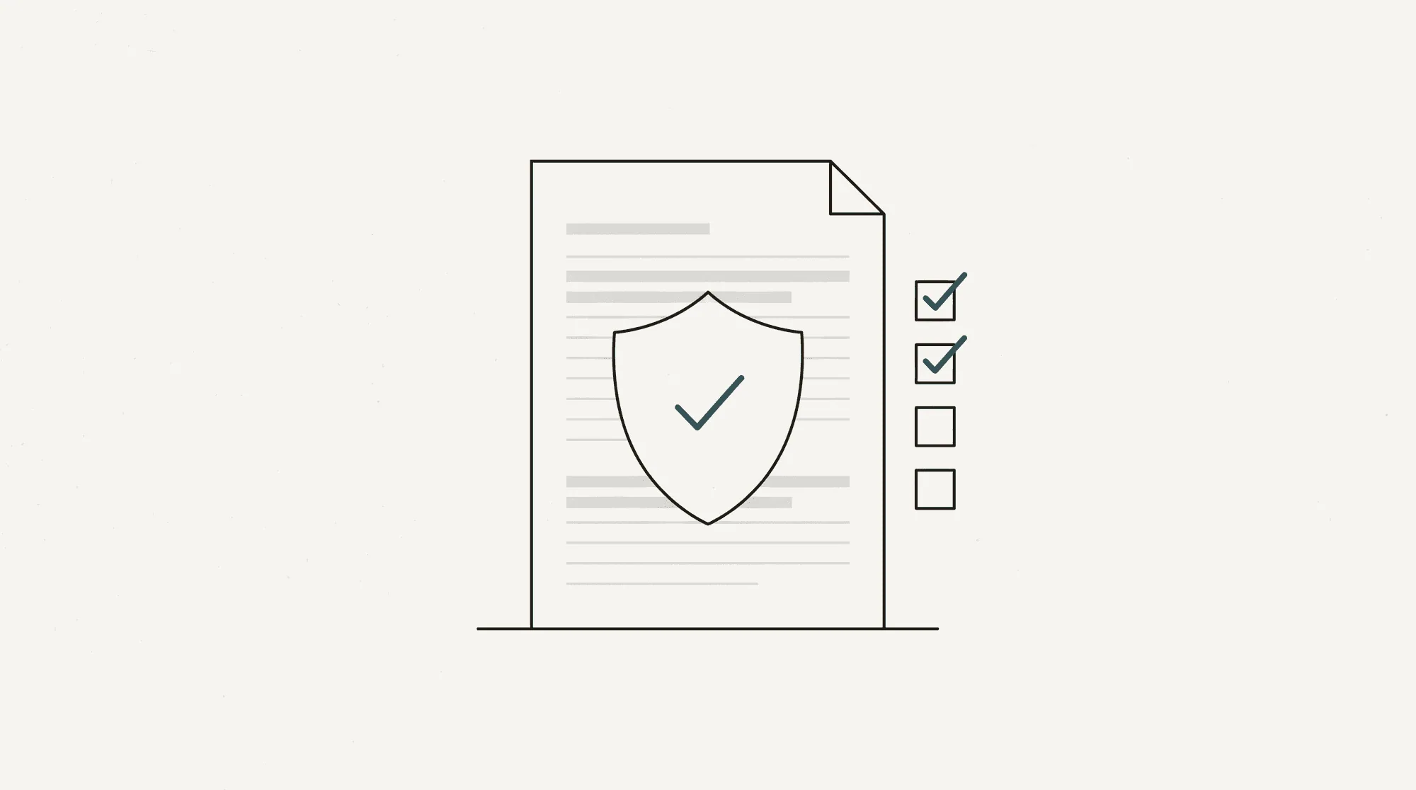 A statement page with a shield drawn over it and a short checklist beside it, two items ticked