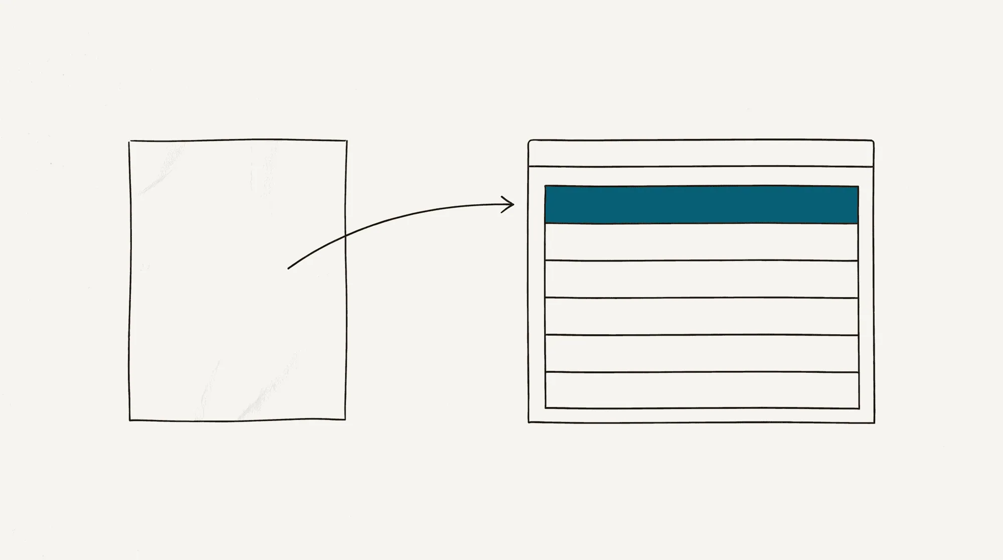 A sheet of paper feeding into an application window where the top row has just arrived