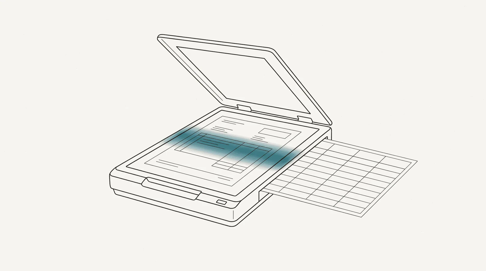 A flatbed scanner with a statement on the glass and a clean table of cells coming out of it
