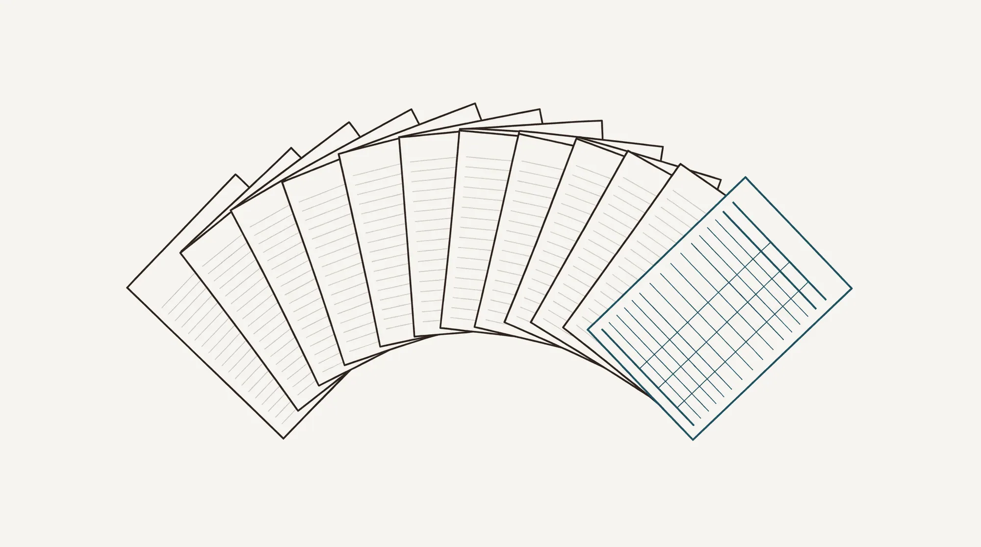 Twelve statement pages fanned in an arc, converging into one clean grid of table cells