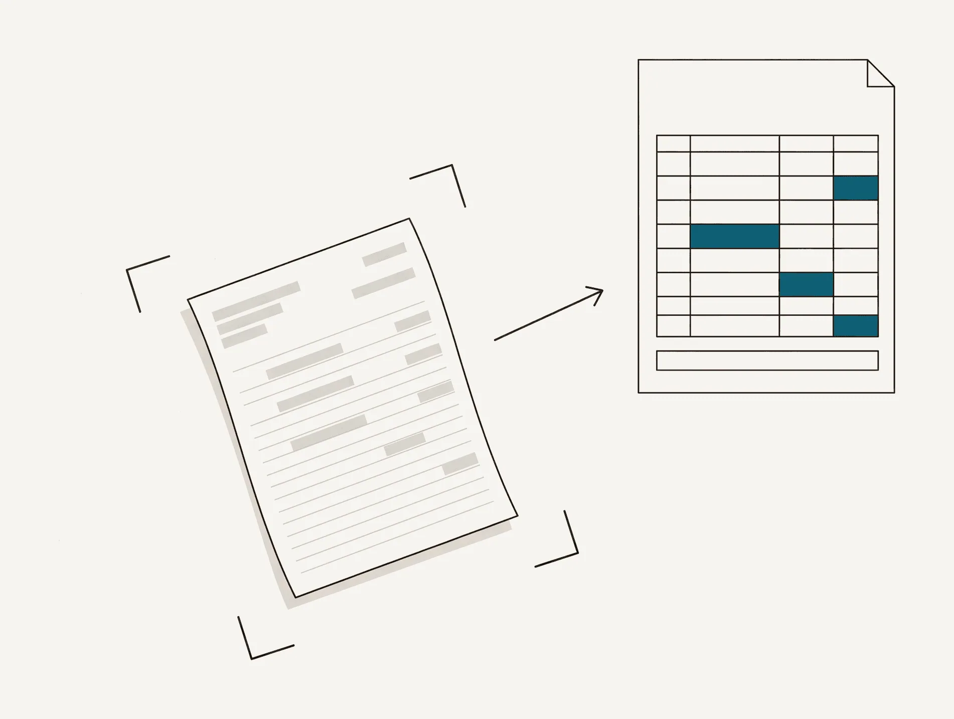 A paper statement lying at an angle inside camera brackets, redrawn beside it as a squared-up table of cells