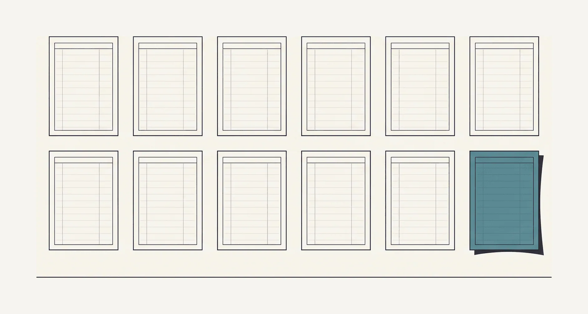 Twelve statement pages laid out in a grid, the last one picked out in petrol